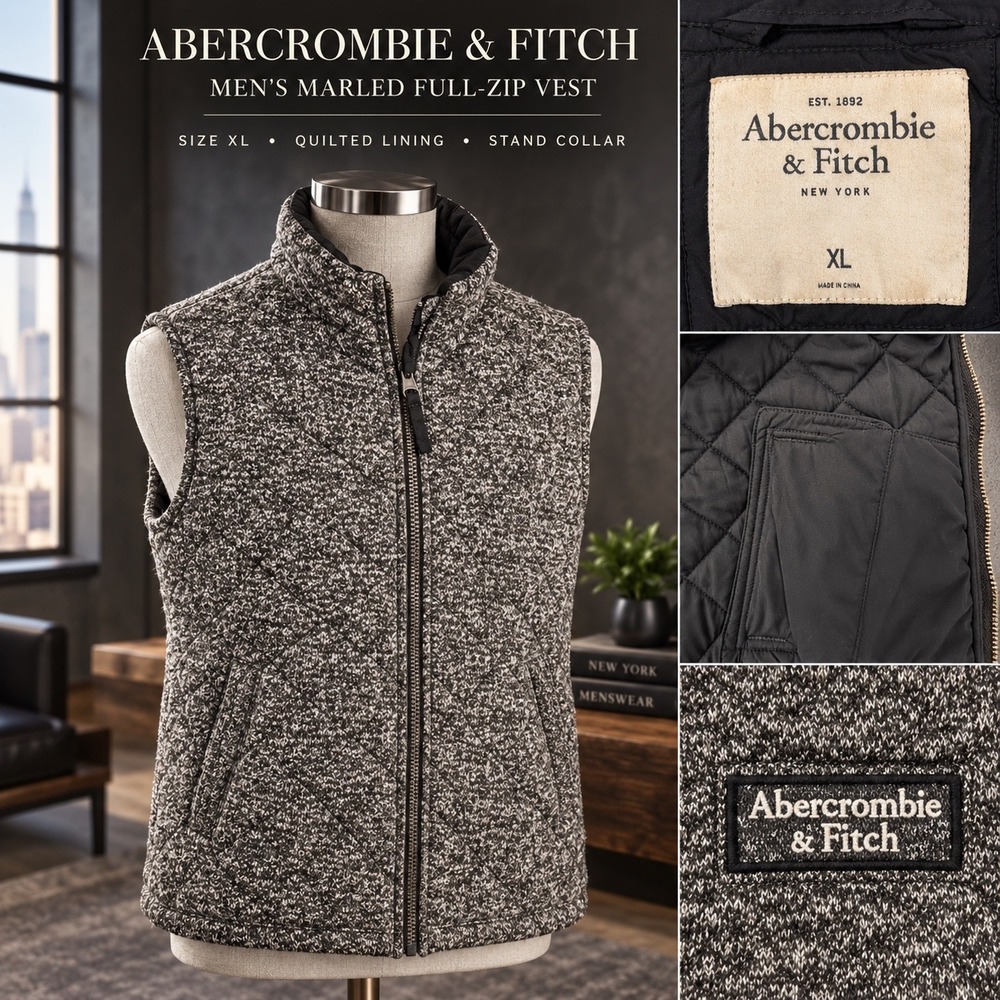 Abercrombie & Fitch Mens XL Gray Quilted Knit Full Zip Vest Mock Neck Puffer